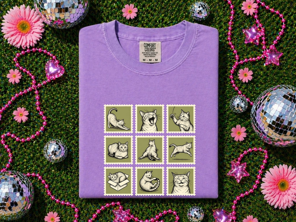 Cat Postage Shirt Cat Pet Gift Women Doodle Tee Stamp T-Shirt Cat Fan Feline Tshirt Animal Graphic Minimalist Crate Tshirt