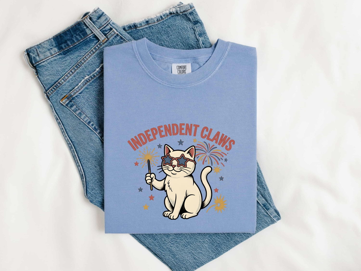 Cat Graphic Shirt America 4Th Of July Patriotic Gift Women Cartoon Tee Kitty T-Shirt Fireworks Fan Vintage Graphic Tshirt Star Spangled