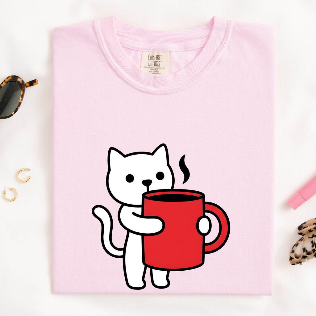 Cat Coffee Cup Shirt Coffee Cat Gift Women Kawaii Tee Feline T-Shirt Coffee Fan Kitty Graphic Tshirt Minimalist Mug Tshirt