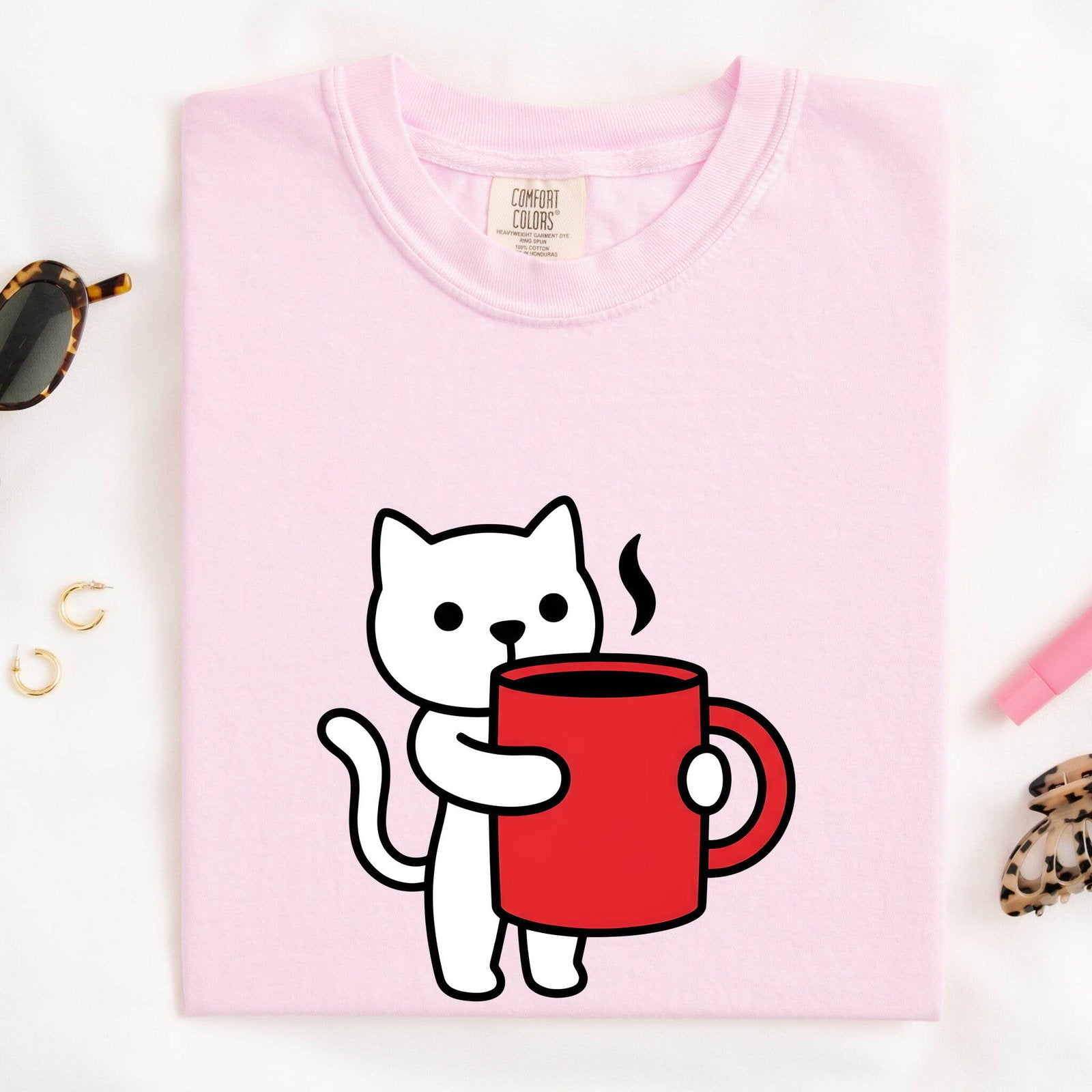 Cat Coffee Cup Shirt Coffee Cat Gift Women Kawaii Tee Feline T-Shirt Coffee Fan Kitty Graphic Tshirt Minimalist Mug Tshirt