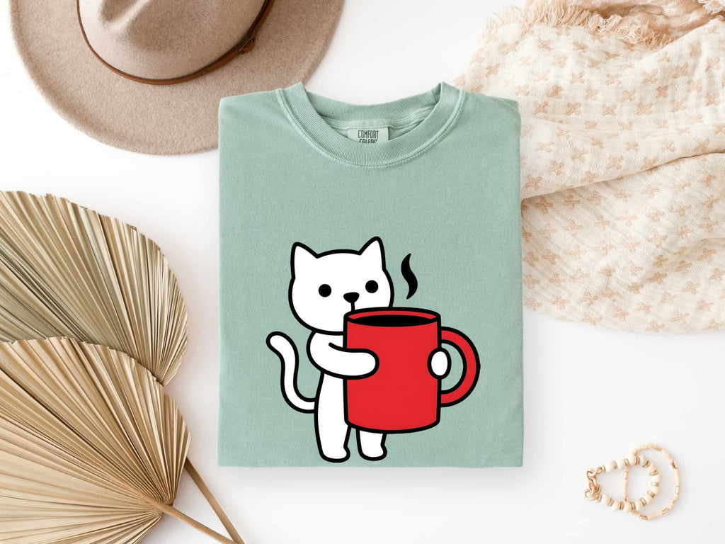 Cat Coffee Cup Shirt Coffee Cat Gift Women Kawaii Tee Feline T-Shirt Coffee Fan Kitty Graphic Tshirt Minimalist Mug Tshirt