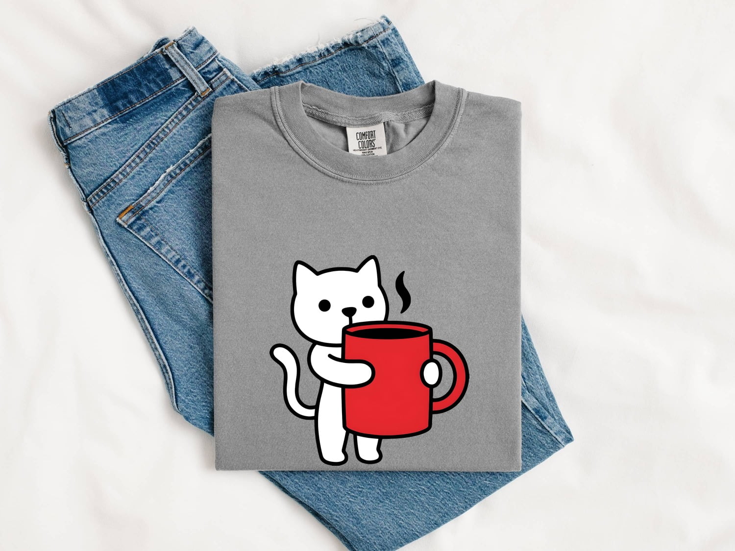 Cat Coffee Cup Shirt Coffee Cat Gift Women Kawaii Tee Feline T-Shirt Coffee Fan Kitty Graphic Tshirt Minimalist Mug Tshirt