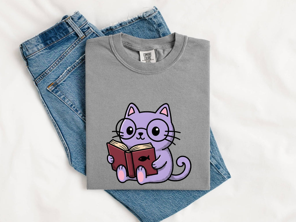Cat Reading Shirt Cat Bookworm Gift Women Kawaii Tee Kitten T-Shirt Feline Fan Cute Tshirt Bibliophile Graphic Cartoon Glasses Tshirt