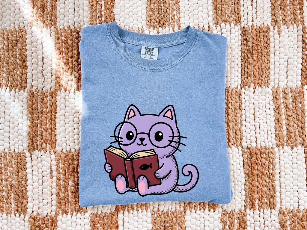 Cat Reading Shirt Cat Bookworm Gift Women Kawaii Tee Kitten T-Shirt Feline Fan Cute Tshirt Bibliophile Graphic Cartoon Glasses Tshirt