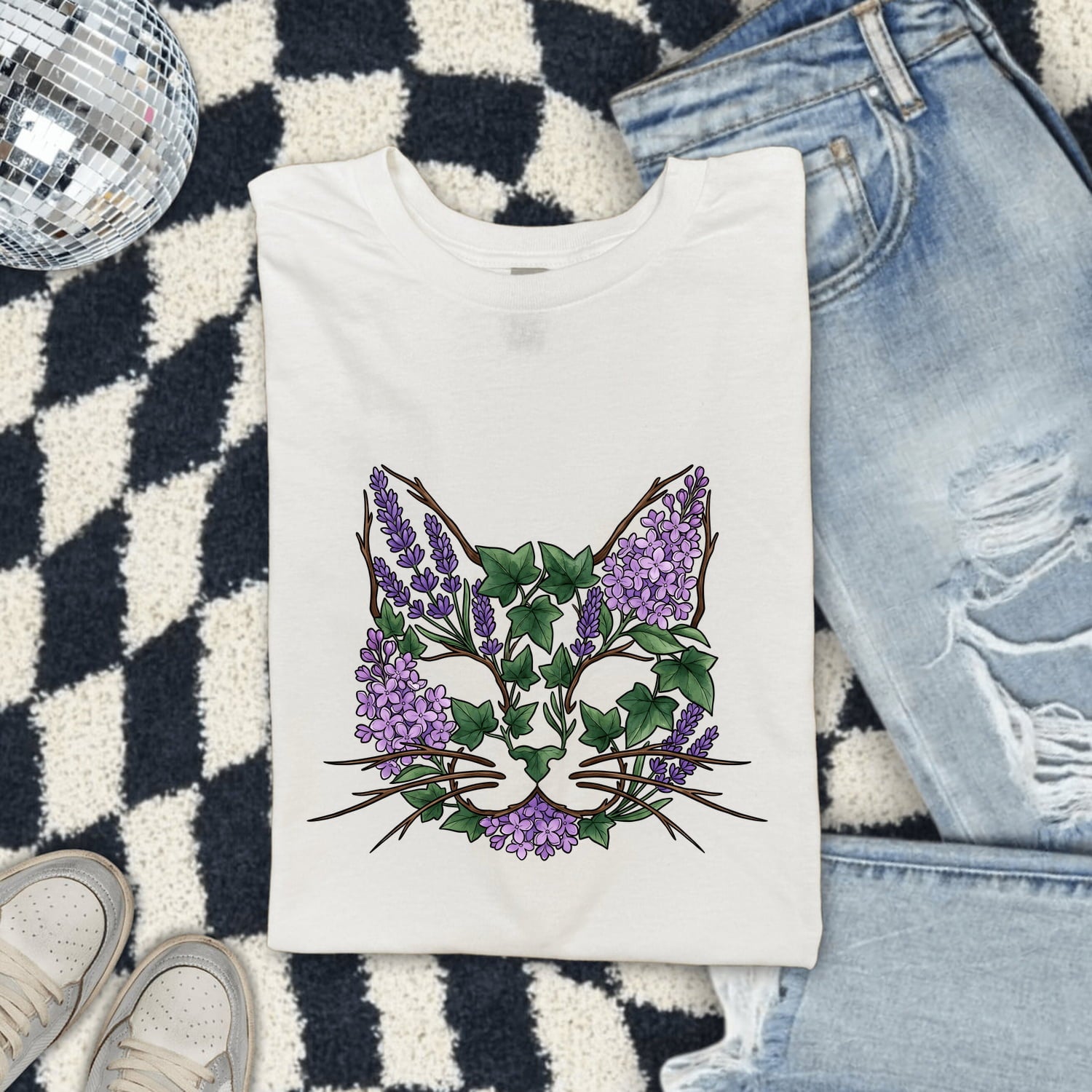 Cat Flower Shirt Animals & Flowers Outdoors Gift Women Floral Tee Kitty T-Shirt Pet Fan Botanical Tshirt Nature Graphic Sketch Foliage