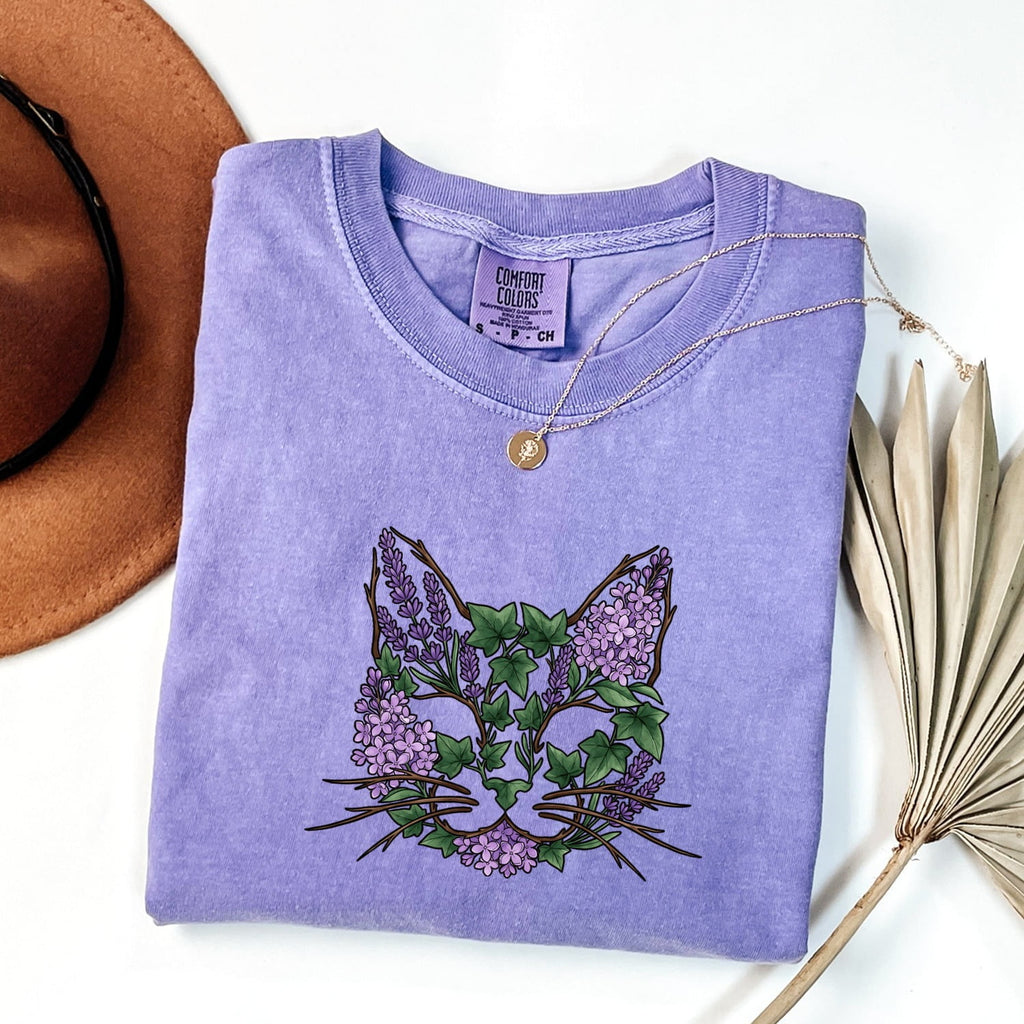 Cat Flower Shirt Animals & Flowers Outdoors Gift Women Floral Tee Kitty T-Shirt Pet Fan Botanical Tshirt Nature Graphic Sketch Foliage