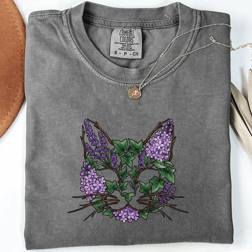 Cat Flower Shirt Animals & Flowers Outdoors Gift Women Floral Tee Kitty T-Shirt Pet Fan Botanical Tshirt Nature Graphic Sketch Foliage