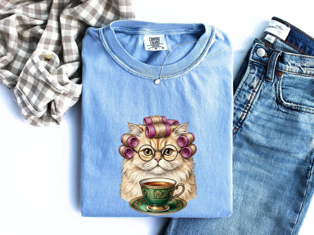 Cat Tea Mug Shirt Coffee Kitten Gift Women Illustration Tee Mug T-Shirt Coffee Fan Cat Mug Tshirt Kitten Graphic Minimal Reading Glasses