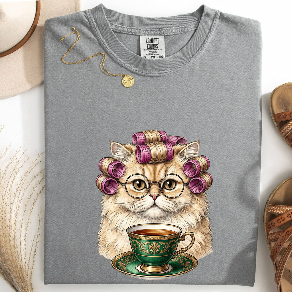 Cat Tea Mug Shirt Coffee Kitten Gift Women Illustration Tee Mug T-Shirt Coffee Fan Cat Mug Tshirt Kitten Graphic Minimal Reading Glasses