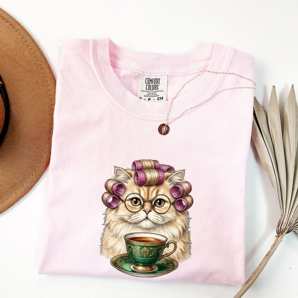 Cat Tea Mug Shirt Coffee Kitten Gift Women Illustration Tee Mug T-Shirt Coffee Fan Cat Mug Tshirt Kitten Graphic Minimal Reading Glasses