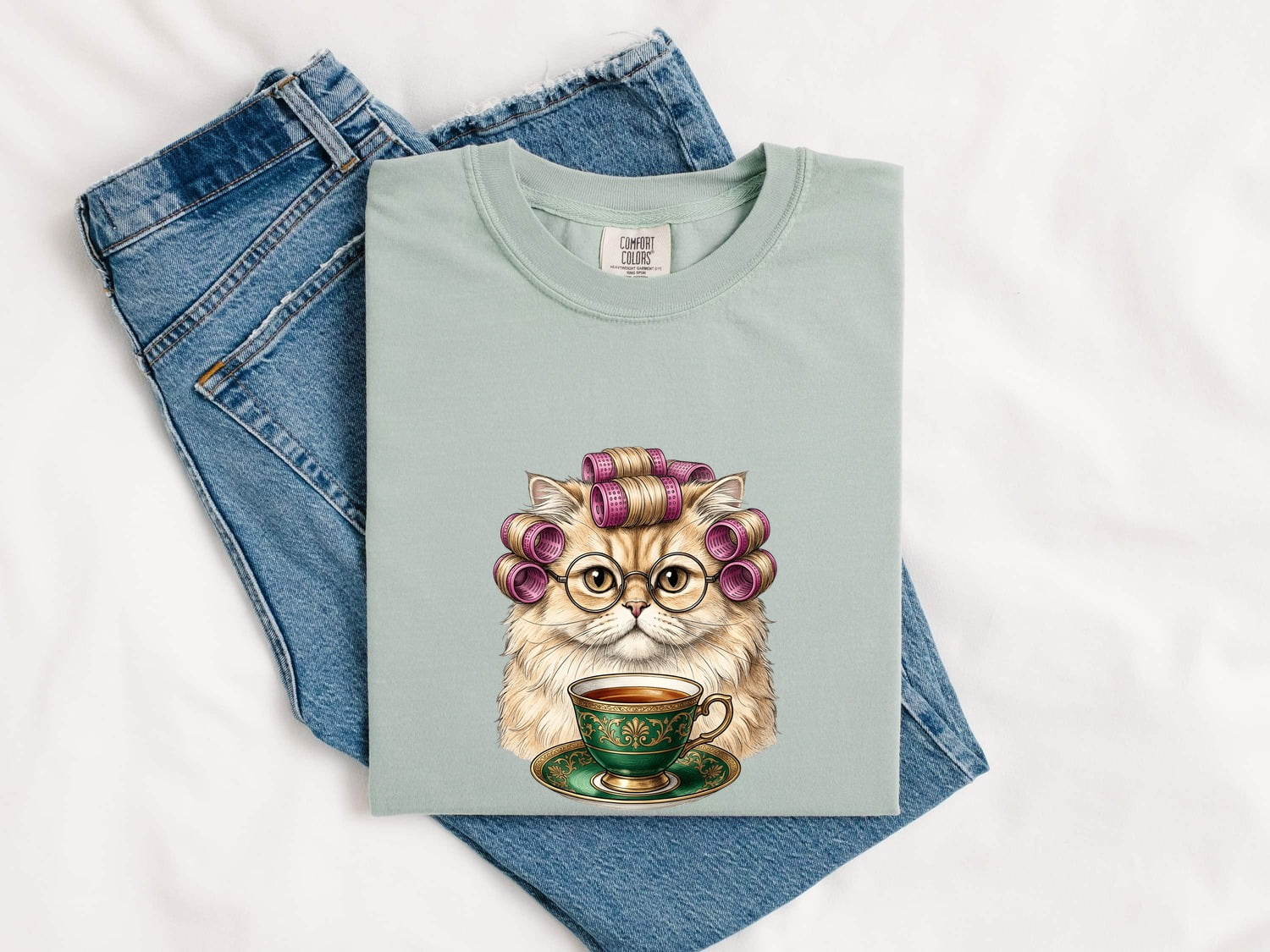Cat Tea Mug Shirt Coffee Kitten Gift Women Illustration Tee Mug T-Shirt Coffee Fan Cat Mug Tshirt Kitten Graphic Minimal Reading Glasses
