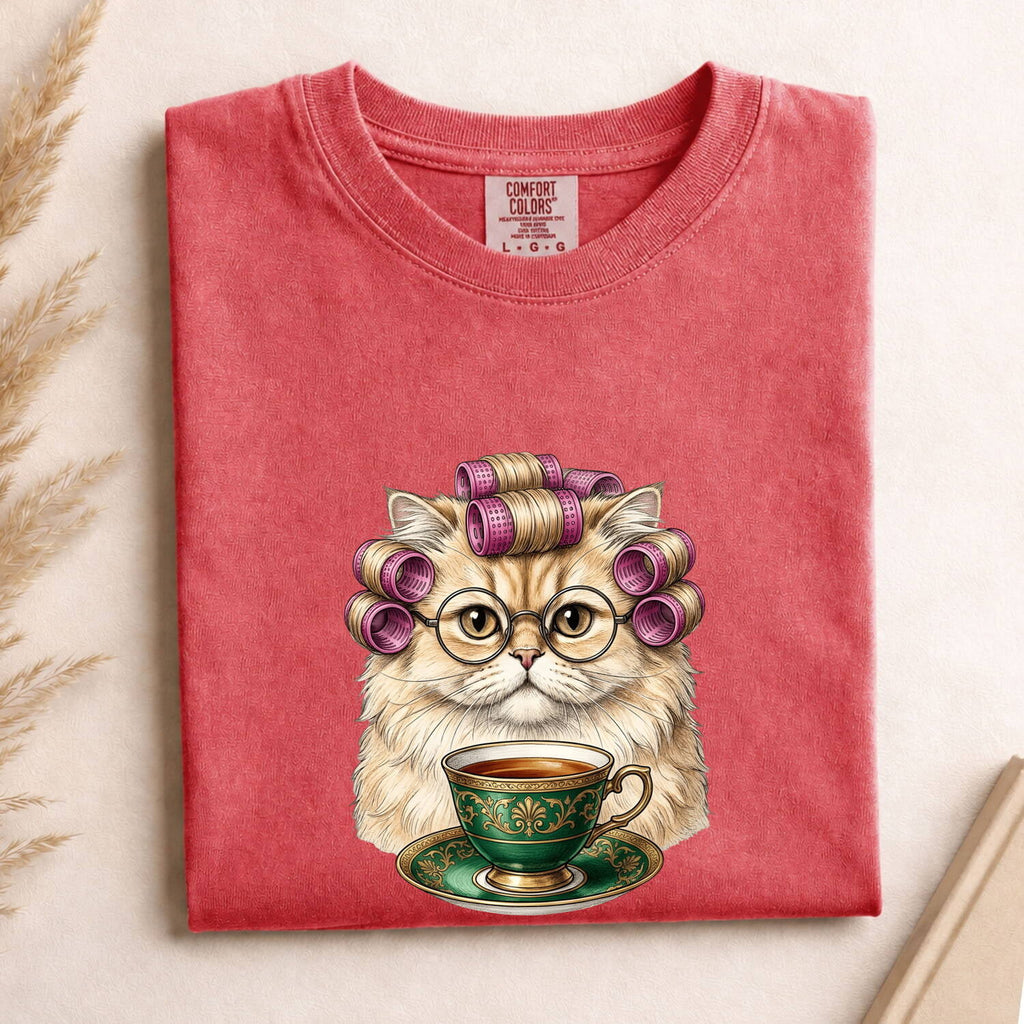 Cat Tea Mug Shirt Coffee Kitten Gift Women Illustration Tee Mug T-Shirt Coffee Fan Cat Mug Tshirt Kitten Graphic Minimal Reading Glasses