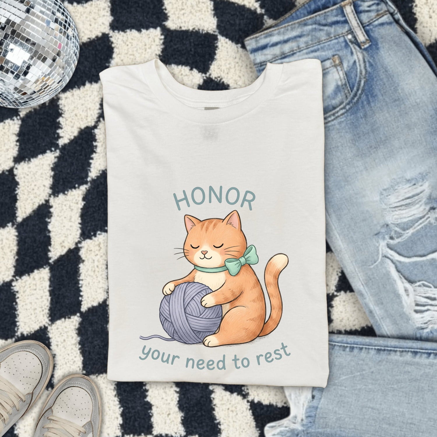 Cat Yarn Shirt Animals Self Care Gift Women Cute Tee Kitty T-Shirt Pet Fan Adorable Tshirt Mindfulness Graphic Hand Drawn Bow Tshirt
