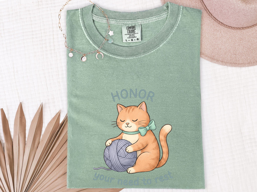 Cat Yarn Shirt Animals Self Care Gift Women Cute Tee Kitty T-Shirt Pet Fan Adorable Tshirt Mindfulness Graphic Hand Drawn Bow Tshirt