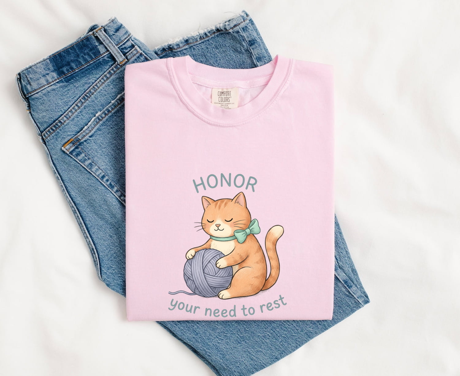 Cat Yarn Shirt Animals Self Care Gift Women Cute Tee Kitty T-Shirt Pet Fan Adorable Tshirt Mindfulness Graphic Hand Drawn Bow Tshirt