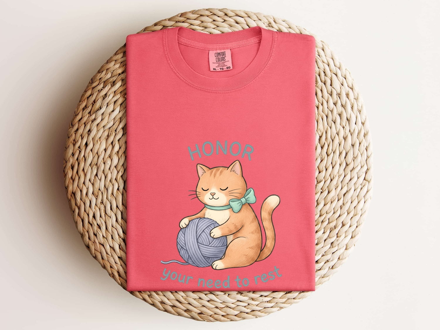 Cat Yarn Shirt Animals Self Care Gift Women Cute Tee Kitty T-Shirt Pet Fan Adorable Tshirt Mindfulness Graphic Hand Drawn Bow Tshirt