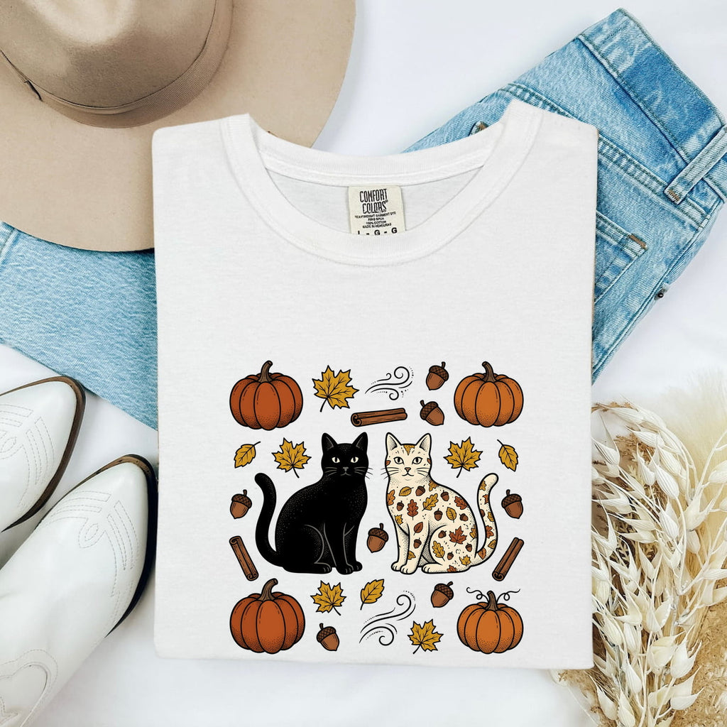 Fall Cats Shirt Cat Harvest Gift Women Retro Tee Kittens T-Shirt Cat Fan Feline Tshirt Autumn Graphic Sketch Gourds Tshirt