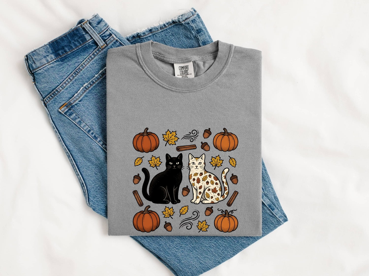 Fall Cats Shirt Cat Harvest Gift Women Retro Tee Kittens T-Shirt Cat Fan Feline Tshirt Autumn Graphic Sketch Gourds Tshirt