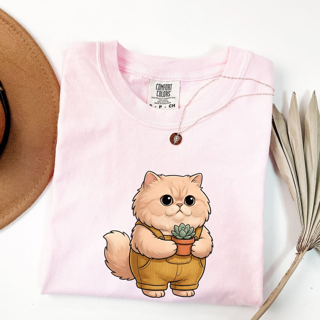 Fluffy Cat Shirt Cat Garden Gift Women Cute Tee Kitten T-Shirt Cat Fan Feline Tshirt Floral Graphic Cat Lady Comic Succulent Plant Tshirt