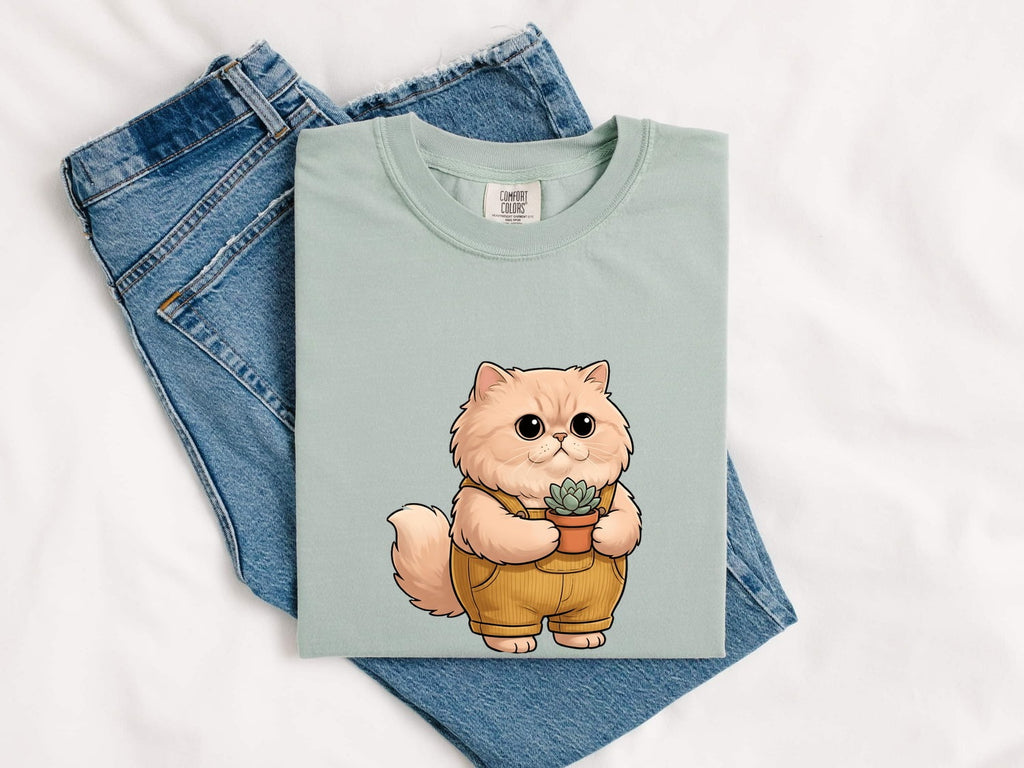 Fluffy Cat Shirt Cat Garden Gift Women Cute Tee Kitten T-Shirt Cat Fan Feline Tshirt Floral Graphic Cat Lady Comic Succulent Plant Tshirt
