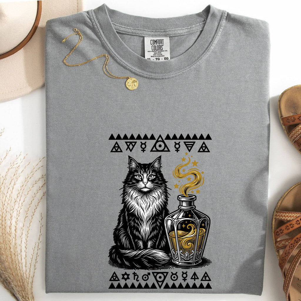 Black Cat Shirt Cat Spell Gift Women Fantasy Tee Cat T-Shirt Feline Fan Whimsical Tshirt Magic Graphic Hand Drawn Elixir Bottle Tshirt