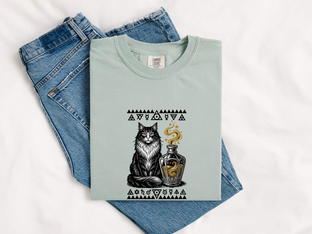 Black Cat Shirt Cat Spell Gift Women Fantasy Tee Cat T-Shirt Feline Fan Whimsical Tshirt Magic Graphic Hand Drawn Elixir Bottle Tshirt
