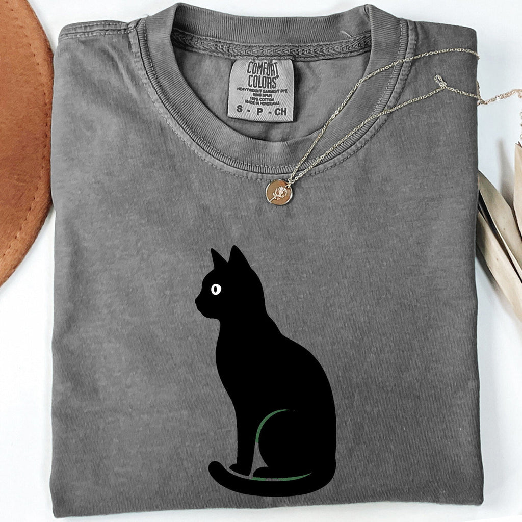 Ebony Cat Shirt Cat Companion Gift Women Plain Tee Black Cat T-Shirt Cat Fan Simple Tshirt Friend Graphic Trendy Form Tshirt