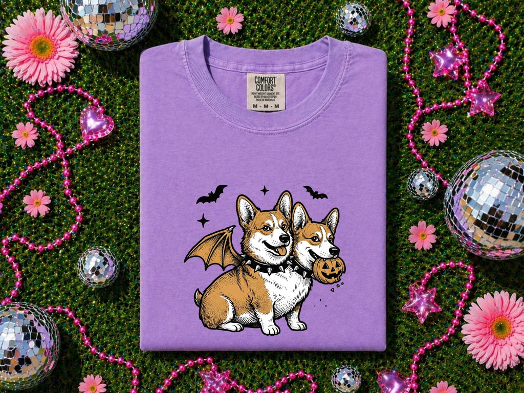 Corgi Pet Shirt Halloween Animal Gift Women Line Art Tee Dog T-Shirt Horror Fan Illustration Graphic Tshirt Cartoon Gourd Tshirt