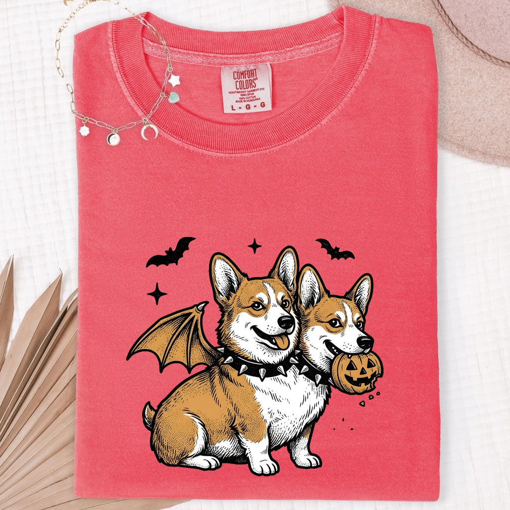 Corgi Pet Shirt Halloween Animal Gift Women Line Art Tee Dog T-Shirt Horror Fan Illustration Graphic Tshirt Cartoon Gourd Tshirt