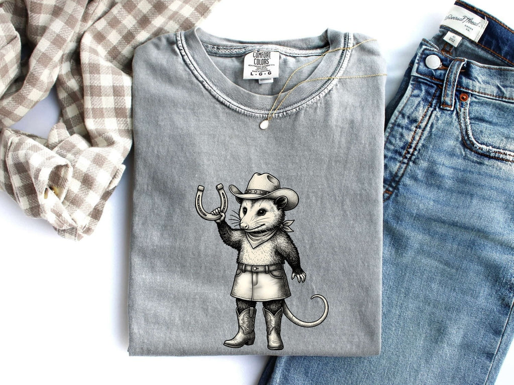 Opossum Rancher Shirt Cowgirl Pets Gift Women Line Art Tee Possum T-Shirt Cowgirl Fan Opossum Graphic Classic Iron Horseshoe Tshirt