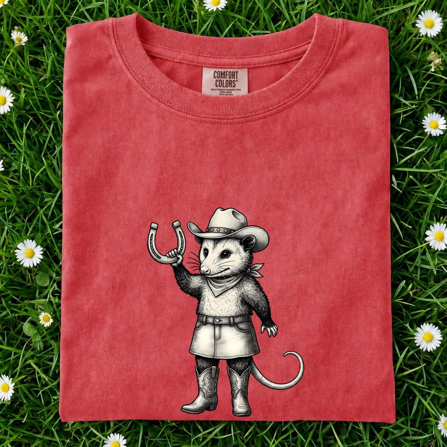 Opossum Rancher Shirt Cowgirl Pets Gift Women Line Art Tee Possum T-Shirt Cowgirl Fan Opossum Graphic Classic Iron Horseshoe Tshirt