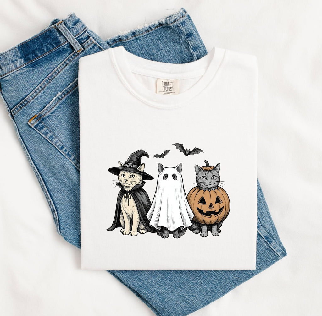 Kitty Outfit Shirt Halloween Pet Gift Women Sketch Tee Cat Costume T-Shirt Horror Fan Cat Illustration Graphic Retro Jack-O-Lantern Tshirt