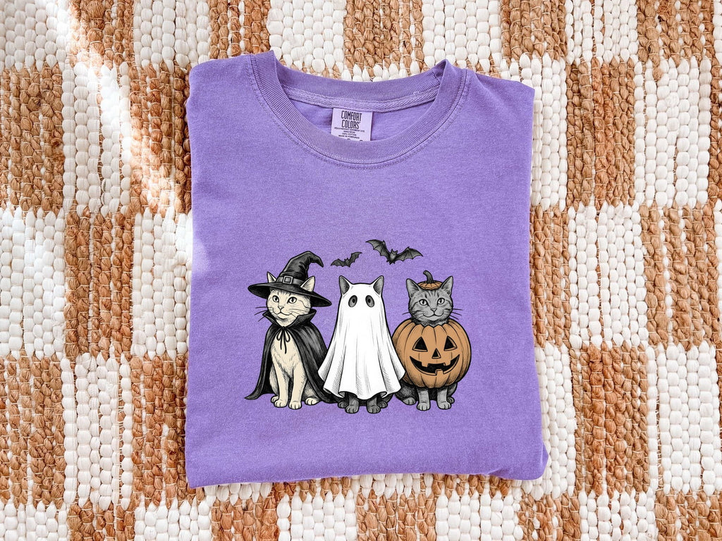 Kitty Outfit Shirt Halloween Pet Gift Women Sketch Tee Cat Costume T-Shirt Horror Fan Cat Illustration Graphic Retro Jack-O-Lantern Tshirt