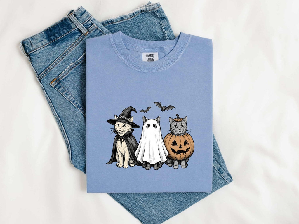 Kitty Outfit Shirt Halloween Pet Gift Women Sketch Tee Cat Costume T-Shirt Horror Fan Cat Illustration Graphic Retro Jack-O-Lantern Tshirt
