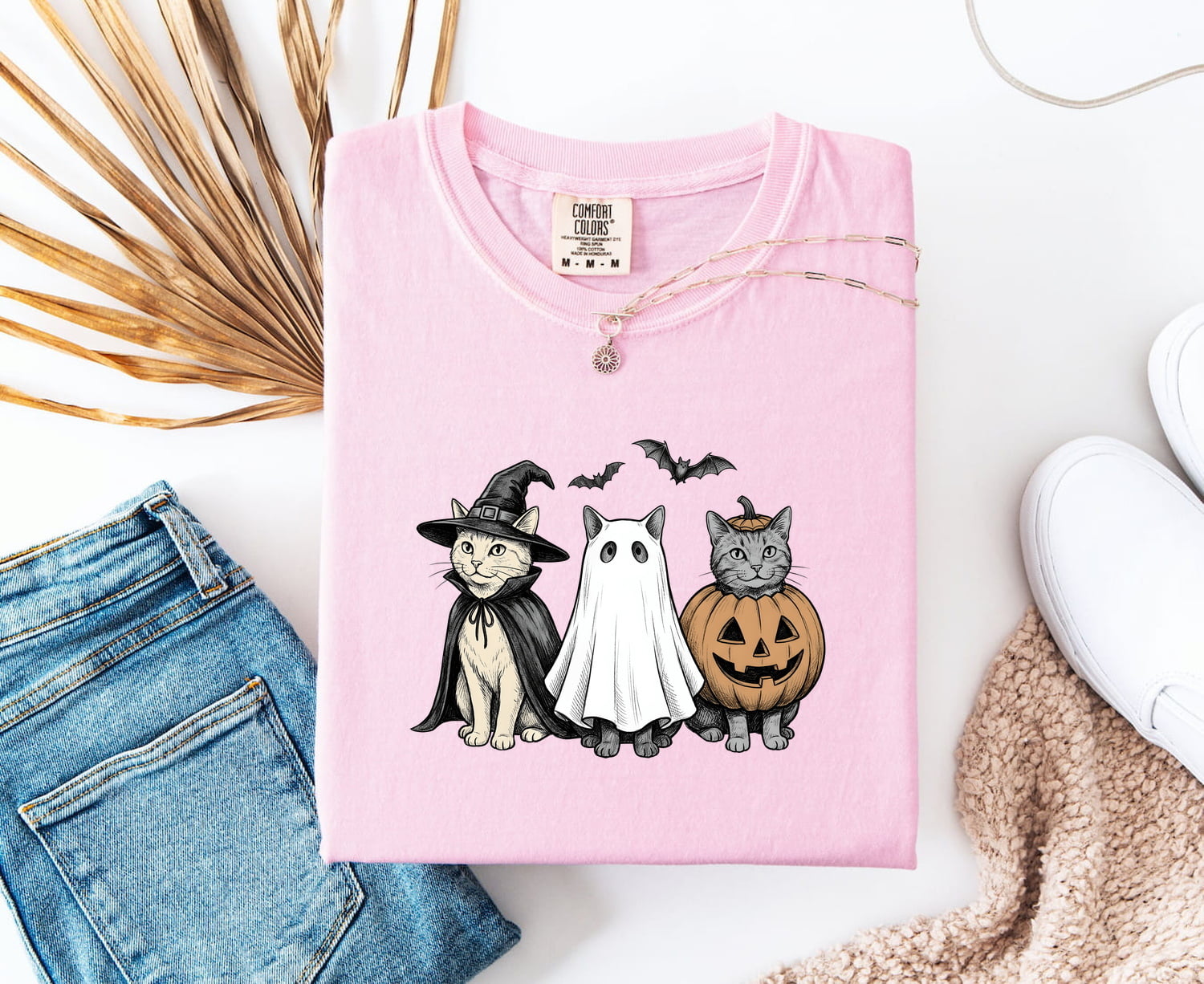 Kitty Outfit Shirt Halloween Pet Gift Women Sketch Tee Cat Costume T-Shirt Horror Fan Cat Illustration Graphic Retro Jack-O-Lantern Tshirt