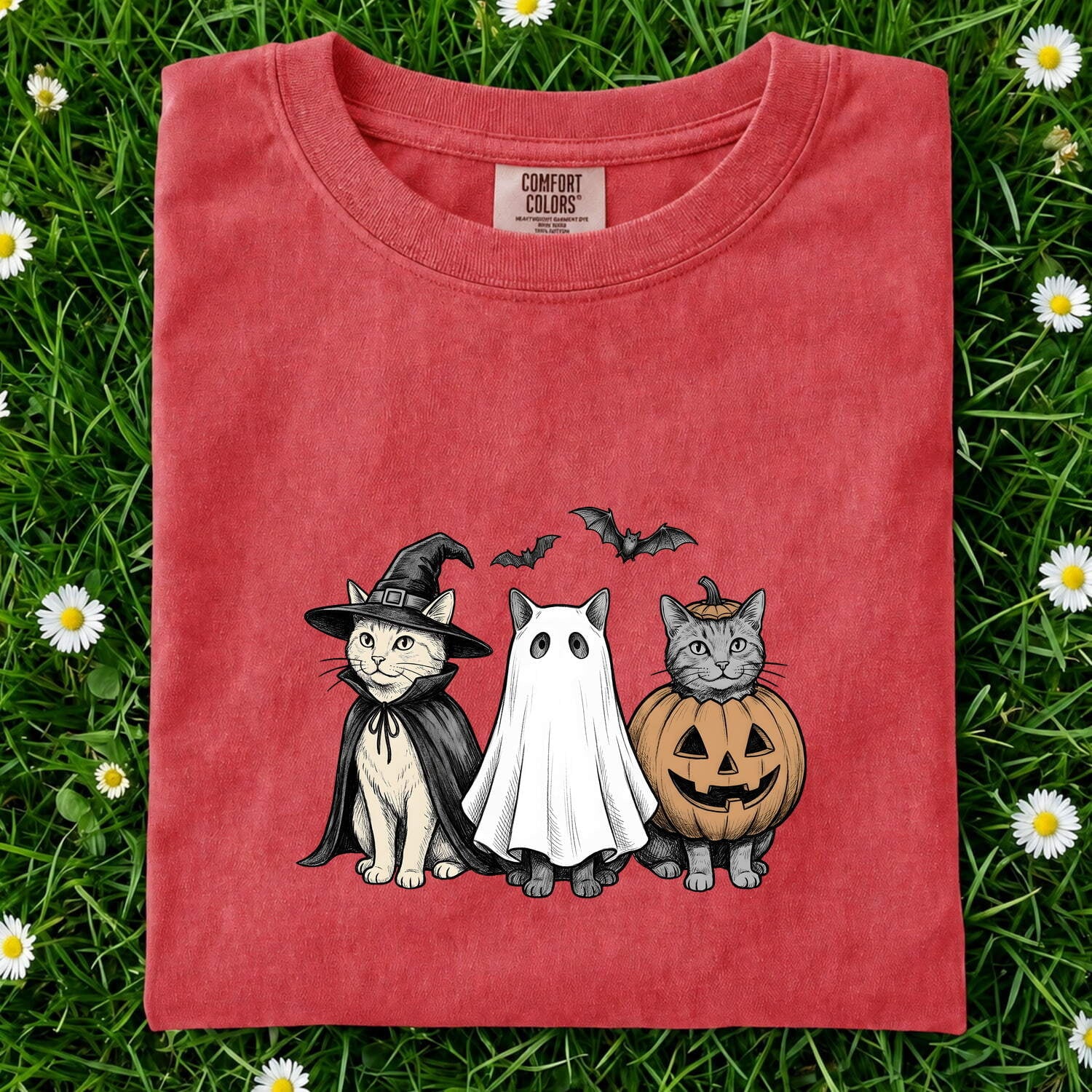 Kitty Outfit Shirt Halloween Pet Gift Women Sketch Tee Cat Costume T-Shirt Horror Fan Cat Illustration Graphic Retro Jack-O-Lantern Tshirt