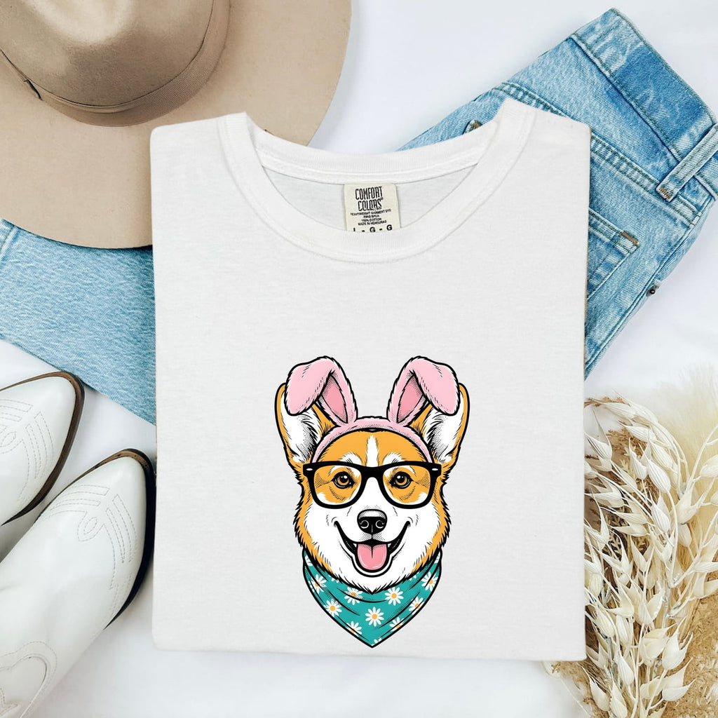 Corgi Puppy Shirt Easter Pet Gift Women Comic Tee Puppy T-Shirt Easter Fan Corgi Tshirt Animal Graphic Sketch Rabbit Ears Tshirt
