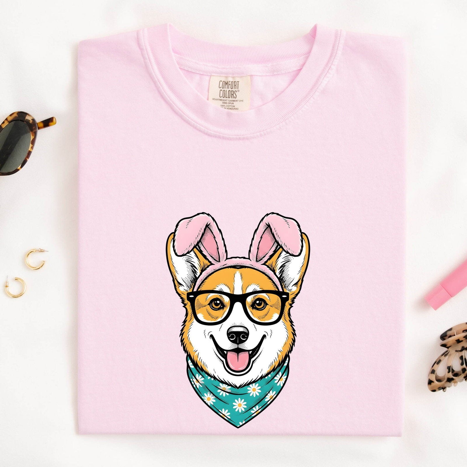 Corgi Puppy Shirt Easter Pet Gift Women Comic Tee Puppy T-Shirt Easter Fan Corgi Tshirt Animal Graphic Sketch Rabbit Ears Tshirt