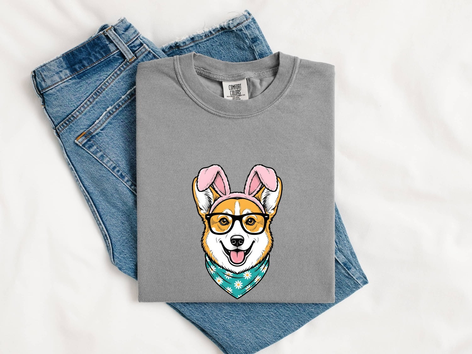 Corgi Puppy Shirt Easter Pet Gift Women Comic Tee Puppy T-Shirt Easter Fan Corgi Tshirt Animal Graphic Sketch Rabbit Ears Tshirt