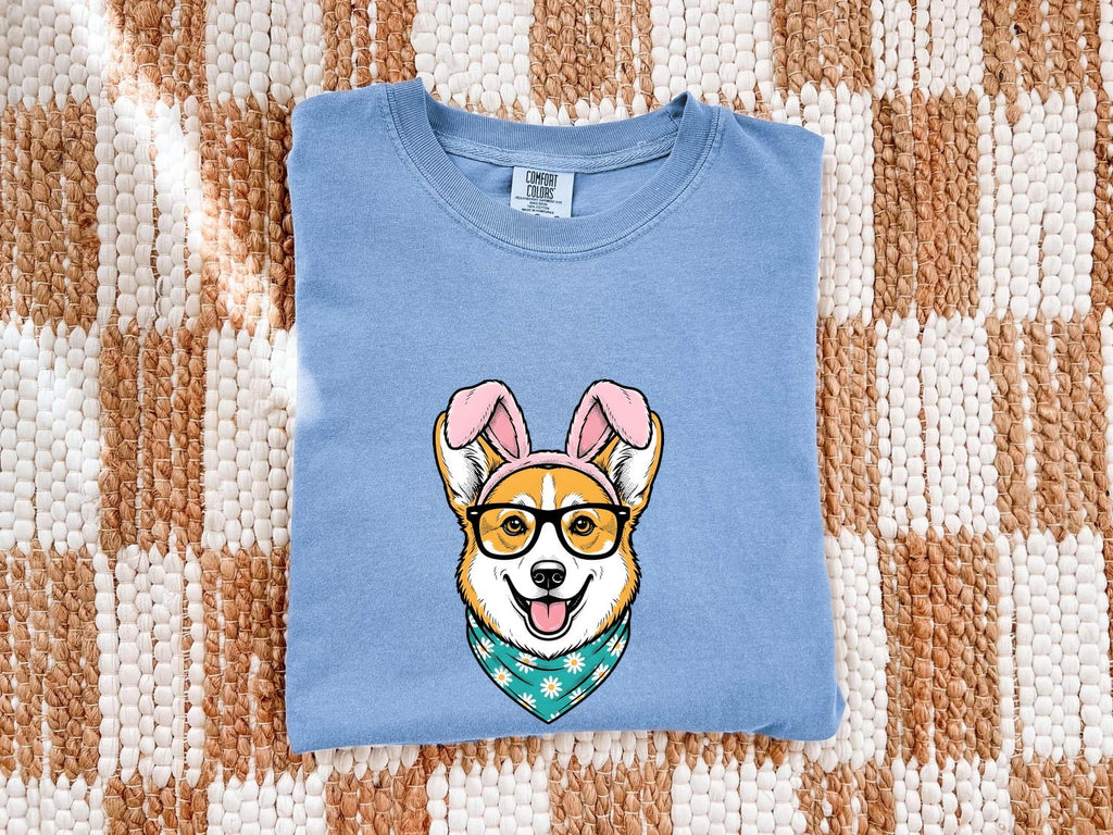 Corgi Puppy Shirt Easter Pet Gift Women Comic Tee Puppy T-Shirt Easter Fan Corgi Tshirt Animal Graphic Sketch Rabbit Ears Tshirt