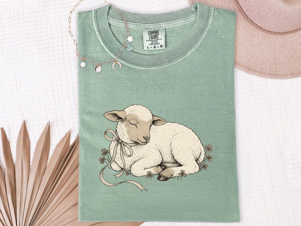 Newborn Lamb Shirt Easter Pet Gift Women Sketch Tee Lamb T-Shirt Easter Fan Sheep Tshirt Animal Graphic Retro Shamrock Tshirt