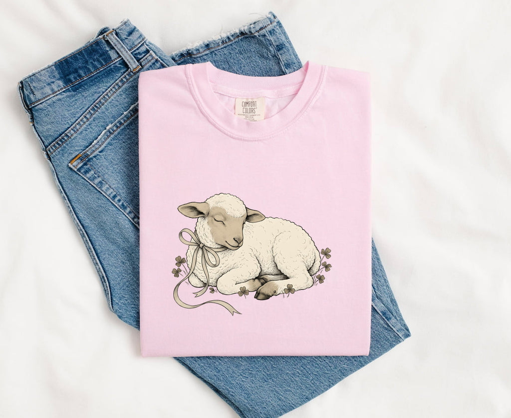 Newborn Lamb Shirt Easter Pet Gift Women Sketch Tee Lamb T-Shirt Easter Fan Sheep Tshirt Animal Graphic Retro Shamrock Tshirt