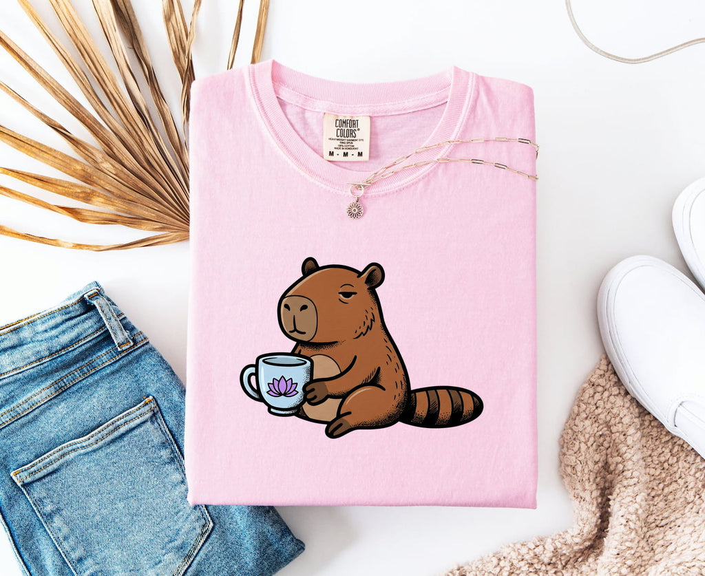 Capybara Drinkware Shirt Coffee Pet Gift Women Doodle Tee Mug T-Shirt Coffee Fan Animal Graphic Cat Illustration Outline Water Lily Tshirt