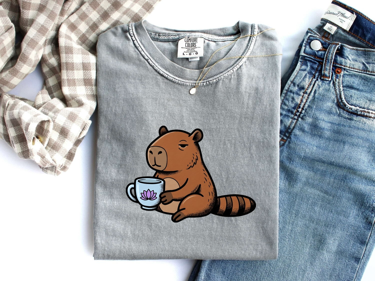 Capybara Drinkware Shirt Coffee Pet Gift Women Doodle Tee Mug T-Shirt Coffee Fan Animal Graphic Cat Illustration Outline Water Lily Tshirt