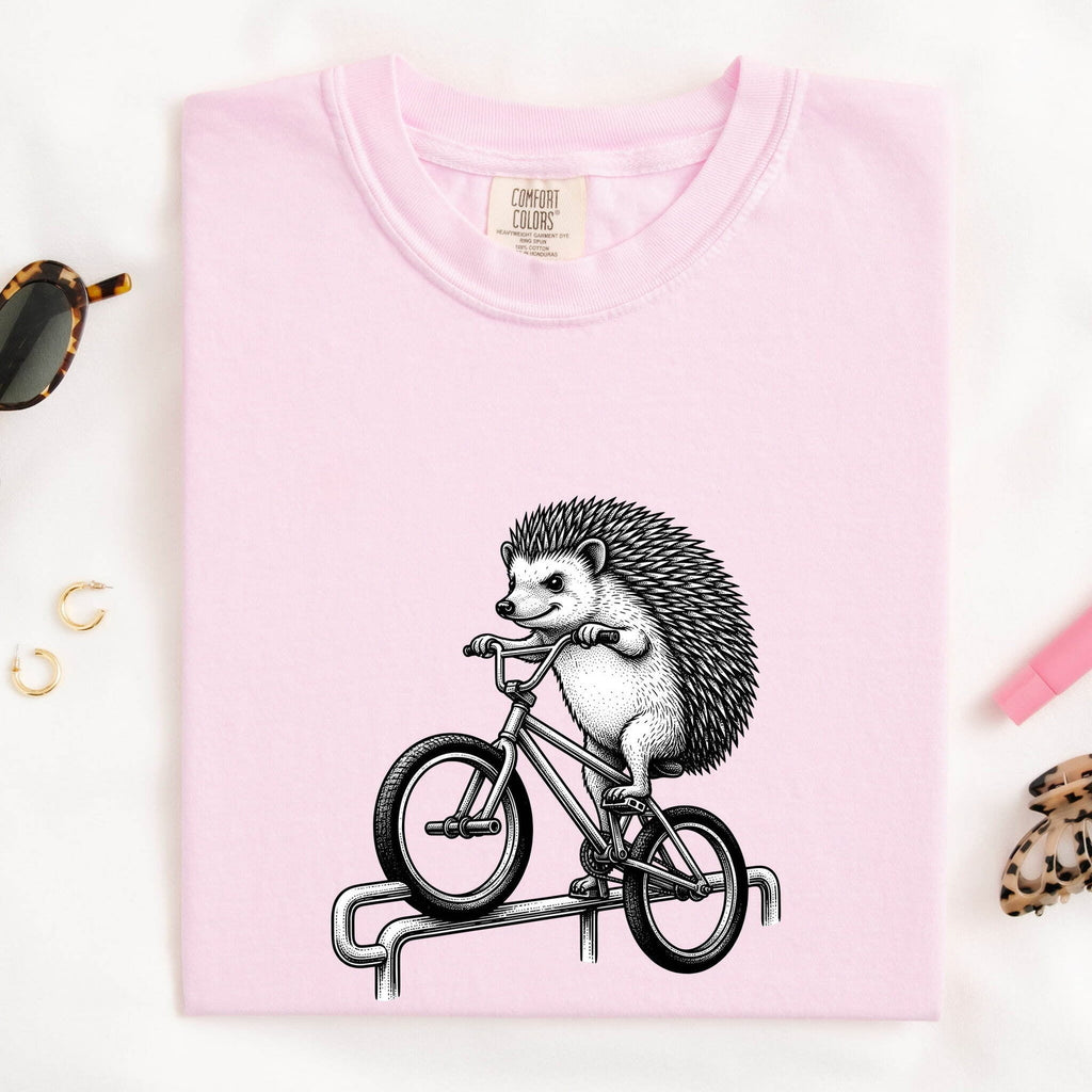 Hedgehog Bicycle Shirt Cute Pet Gift Women Sketch Tee Hedgehog Bike T-Shirt Adorable Fan Hedgehog Drawing Pet Graphic Retro Bike Tshirt