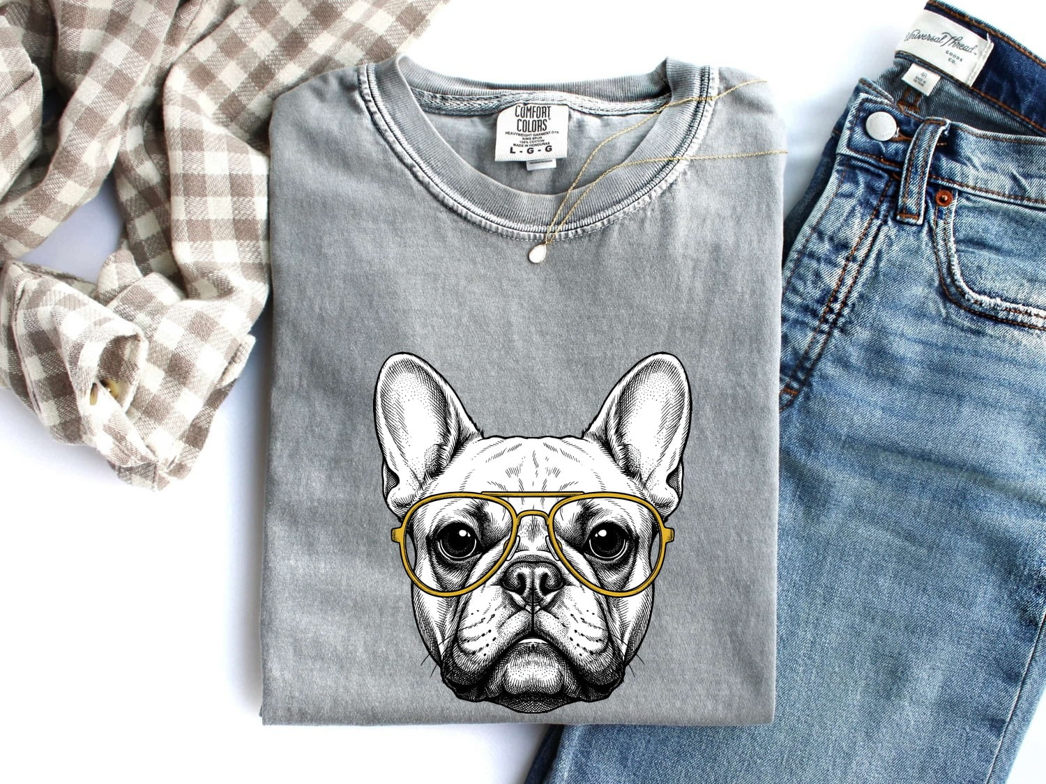 French Bulldog Shirt Dog Pets Gift Women Line Art Tee Bulldog T-Shirt Dog Fan Puppy Graphic Illustration Drawing Vintage Glasses Tshirt