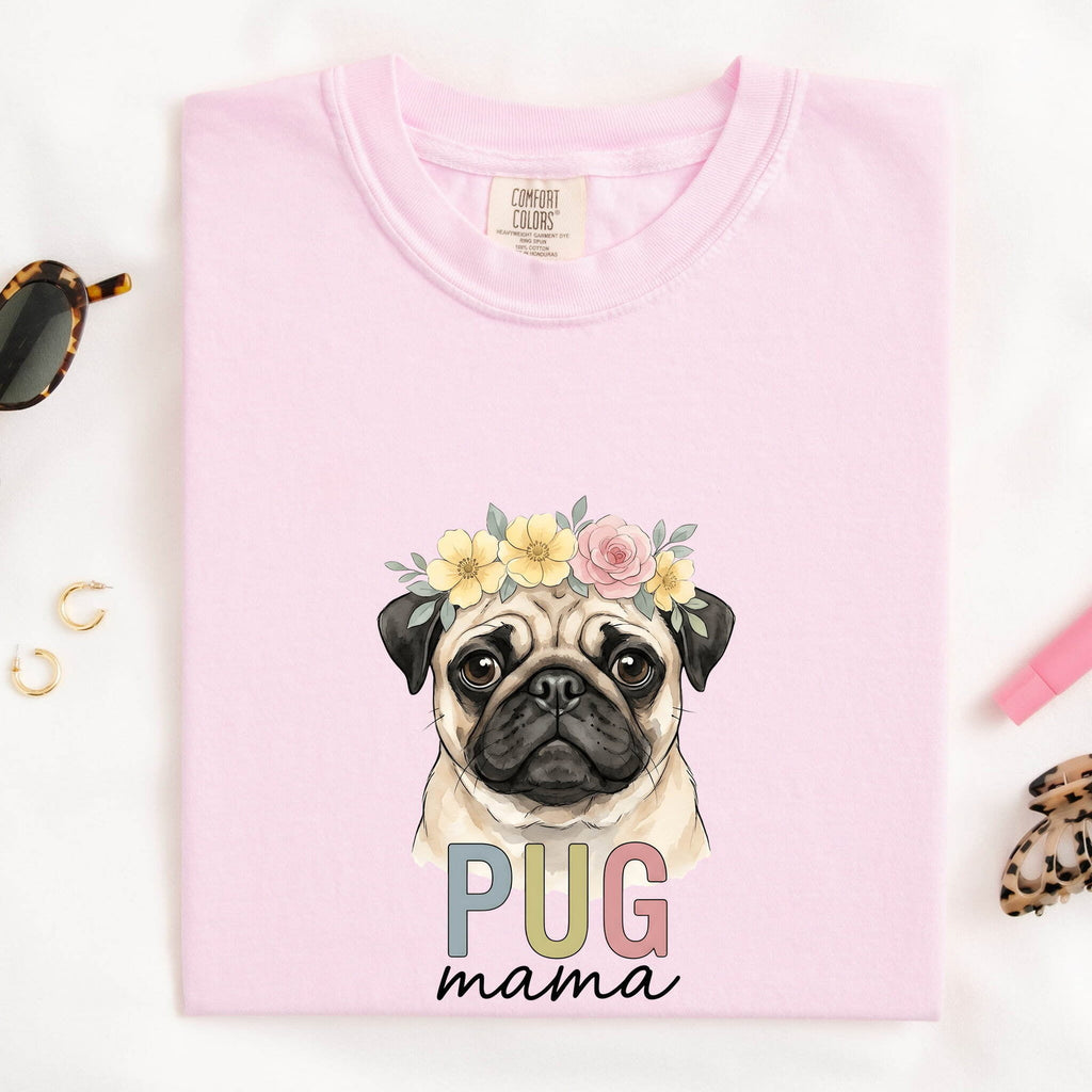 Pug Dog Shirt Dog Pet Gift Women Watercolor Tee Pug T-Shirt Dog Fan Painter Tshirt Animal Graphic Hand Drawn Flower Crown Tshirt