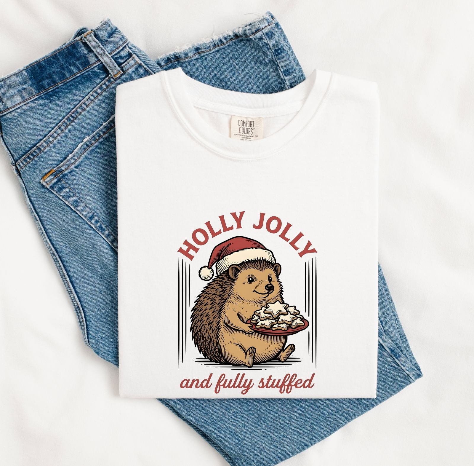 Hedgehog Christmas Hat Shirt Christmas Pet Gift Women Retro Tee Porcupine T-Shirt Xmas Fan Vintage Tshirt Animal Graphic Sketch Biscuits