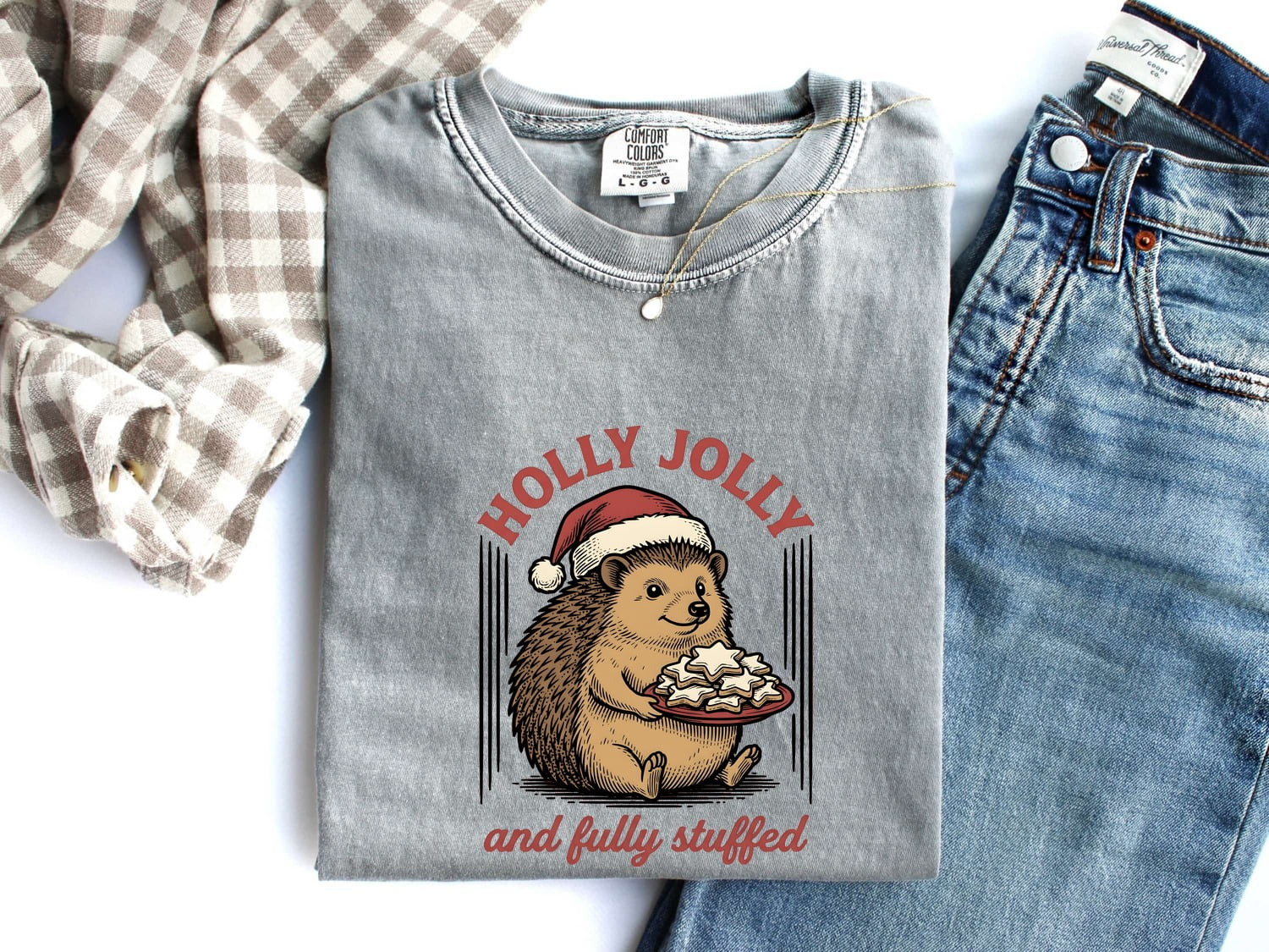 Hedgehog Christmas Hat Shirt Christmas Pet Gift Women Retro Tee Porcupine T-Shirt Xmas Fan Vintage Tshirt Animal Graphic Sketch Biscuits