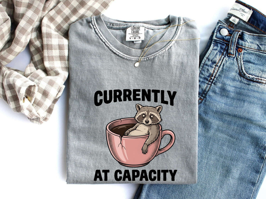 Raccoon Coffee Cup Shirt Funny Pet Gift Women Comic Tee Coffee Mug T-Shirt Humor Fan Cartoon Tshirt Animal Graphic Retro Broken Mug Tshirt